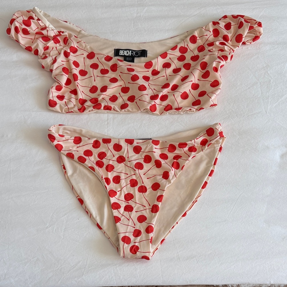 Beach Riot Cream Bikini Set with Red Cherry Print